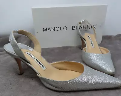 Manolo Blahnik Pumps 39 US 9 Carolyn Slingback Silver Glitter Pointed Toe • $79.99