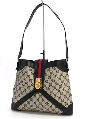 Gucci Vintage Bag Shoulder Bag Handbag Sherry Buckle GG Supreme Navy Authentic • $398.99