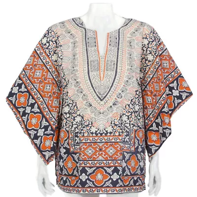 Vtg 70s Dashiki Shirt Indian Cotton Hippy Block Print Blue Orange Top Sz L /321 • £48.18