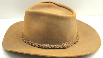 Vintage MINNETONKA USA Medium Outback Leather Hat Wire Rim Thick Rugged Aussie   • $48.99