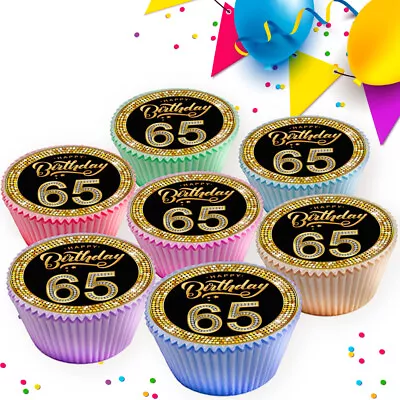 65th Happy Birthday Party Black And Gold Edible Cupcake Toppers Decoration Gb010 • £4.99