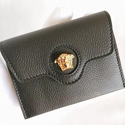VERSACE Card Case Business Card Holder La Medusa Leather Snap Button Black NEW • $775.12