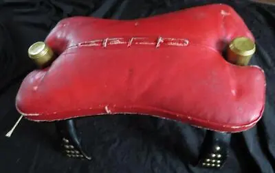 VINTAGE EGYPTIAN CAMEL STOOL Red Leather Brass Stud Black Wood Small Foot Saddle • $74.95