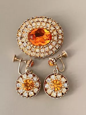 Vintage CORO PEGASUS Layer Cake Brooch & Earring Set Amber & Clear Crystal! • $42