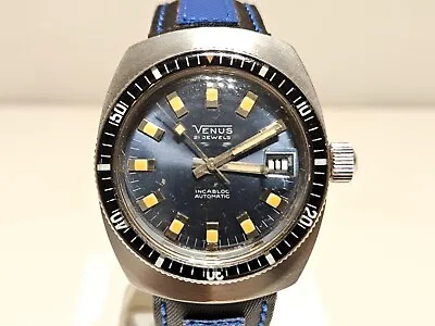 VINTAGE VERY RARE ST.STEEL DIVER 200m MEN'S SWISS AUTOMATIC WATCH  VENUS  21J • $750