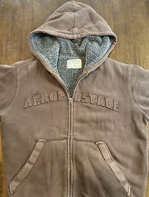 Aeropostale Fur Lined Zip Up Hoodie Brown Mens Size Large Distressed • $40