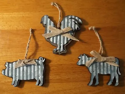 ROOSTER CHICKEN COW PIG ORNAMENT SET Country Primitive Farm Home Christmas Decor • $16.95