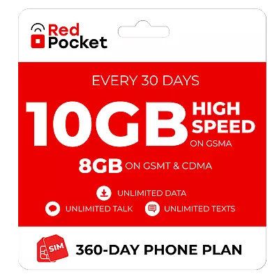 $15.75/Mo Red Pocket Prepaid Plan: UnImtd Everything GSMA 10GB(GSMT & CDMA 8GB) • $189