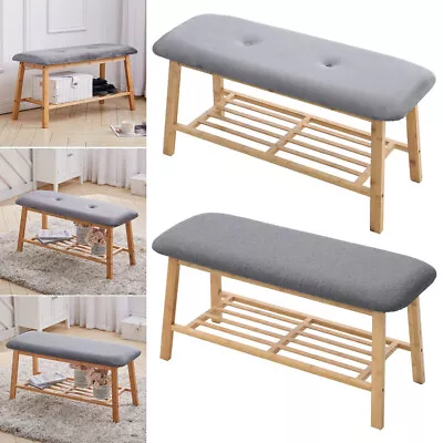 Grey Linen Velvet Upholstered Bench Wood Frame Stool Shoe Stand Storage Shelf UK • £42.95