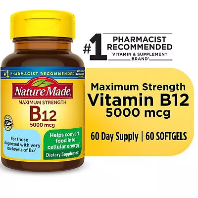 Nature Made Maximum Strength Vitamin B12 5000 Mcg Softgels Supplement 60 Count • $20.48