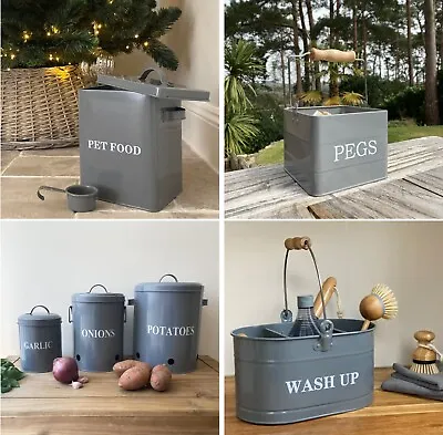 Kitchen Storage Tins Canister Set In French Grey Food Bread Bin Compost Caddy • £9.99