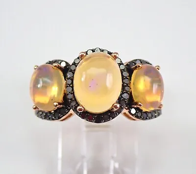 Rose Gold Black Diamond And Opal Halo Engagement Ring 3 Stone October Gemstone • $499