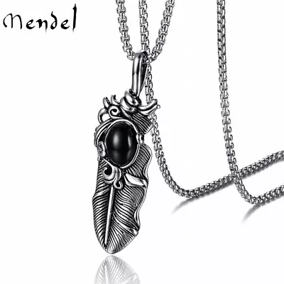 MENDEL Mens Stainless Steel Onyx Turquoise Feather Stone Pendant Necklace Men • $11.99