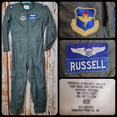 Vtg Flying Coveralls Sage Green CWU 27/P Flight Patches 40R 1972 Vietnam Pilot • $101.99