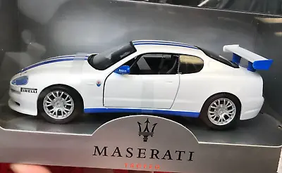 NEW IN BOX Diecast Maisto MASERATI TROFEO PIRELLI WHITE W/ BLUE STRIPES 1:24 • $44.10