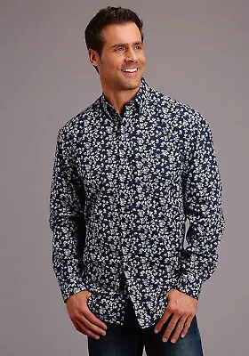 Stetson Mens Blue 100% Cotton Frontier Floral BD L/S 1 Pkt Shirt • $48.99