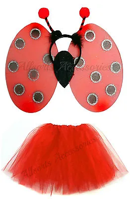 Ladybird Wings And Red Tutu Girls Fancy Dress Costume Set Halloween Party Wing • £5.99