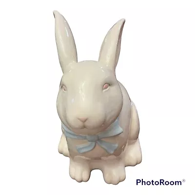 Target Home White Easter Bunny Rabbit Blue Bow Ceramic Hand Painted Cookie Jar • $24