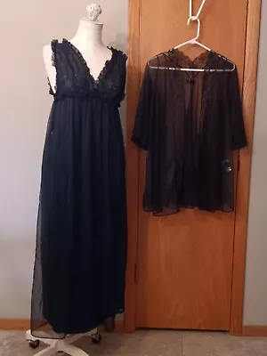 Vtg Lorraine Peignoir Set Long Night Gown Jacket Double Sheer Black Lace Medium • $9.95