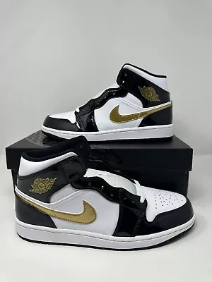 New Nike Air Jordan 1 Mid Patent Black White Gold 852542-007 Mens &PS &GS • $119.99