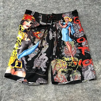 Ed Hardy Board Shorts Men's 32 Black Pin Up Girls Swim Trunks • $39.69