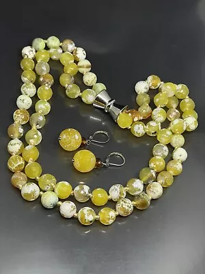 VTG Faceted Yellow Fire Agate Healing Crackle Necklace Pierced Drop Earrings Set • $75