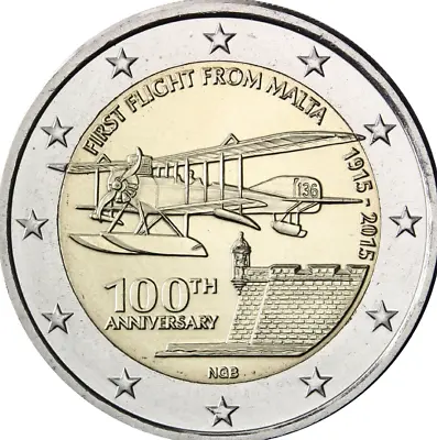 Malta Coin 2€ Euro 2015 UNC First Flight Kilmer Seaplane Ship Grand Harbor • $15.65