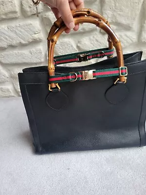 Vintage GUCCI Diana Tote Bag Handbag Bamboo Leather Black Auth • $199