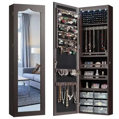 Wall & Door Mounted LED Mirror Jewelry Cabinet Armoire Organizer With 6 Drawers • $118.96