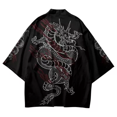 Men Japanese Kimono Cardigan Yukata Dragon Pattern Coat Outwear Loose Retro Chic • £25.19