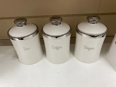 Tea Coffee Sugar Jar White Silver Storage Set Ceramic Air Tight Canister • £29.99