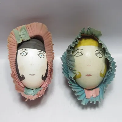 Vintage Easter Egg Decorations Flapper Girl Heads Handmade Real Eggs • $20