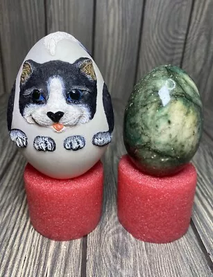 Hand Carved & Hand Painted Stone Cat Egg & Green Marble  Egg • £23.74