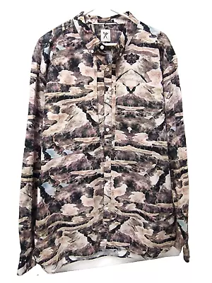 Marc Ecko Mens Shirt XL Beige Black Camoflauge Camo Long Sleeve Button Cotton • $15.43