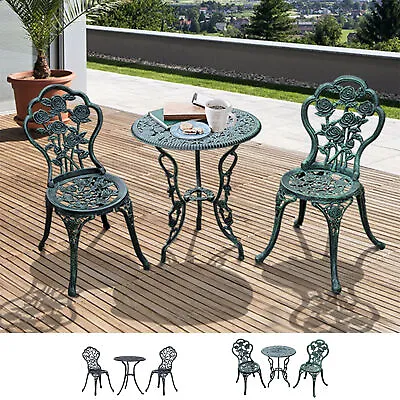 3 Pcs Cast Aluminum Bistro Set Garden Furniture Dining Table Chairs • £128.99