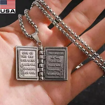 2× Mens Silver Bible Pendant Lord's Prayer Necklace Stainless Steel Box Chain US • $9.91