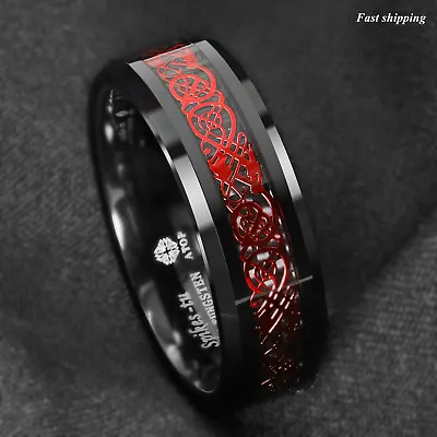 8/6mm Black Tungsten Ring Red Celtic Dragon Black Carbon Fiber Ring ATOP Jewelry • $14.99