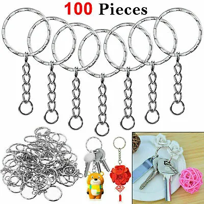 100pcs Silver Keyring Blanks Tone Key Chains Key Split Rings 4 Link Metal Chains • £4.95