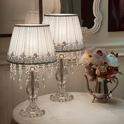 Modern Bedside Crystal Table Lamp With Ruched Fabric Lampshade Elegant Plug-In.. • $259.99