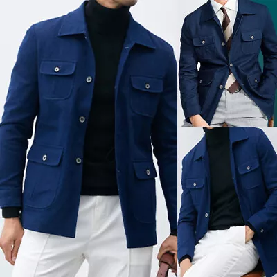 Blue Men's Leisure Denim Suit Formal Safari Jacket Hunting Coat Officer Workwear • $58.87