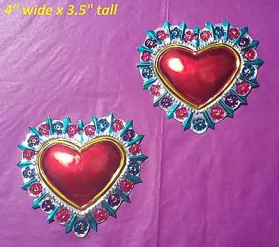 Set Of 2 Mexican Wall Art Hand Painted Tin Heart & Flowers Milagro Style 4 X3.5  • $18.90