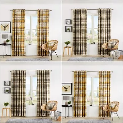 Check Style Fully Lined Thick Curtain Pair Ready Made Eyelet Ring Top Curtain LW • £26.90