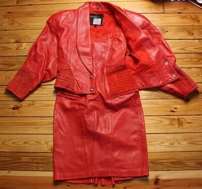 Vtg 90s Michael Hoban XS Red Leather Suede Pleat Dress Jacket Set North Beach  • $430