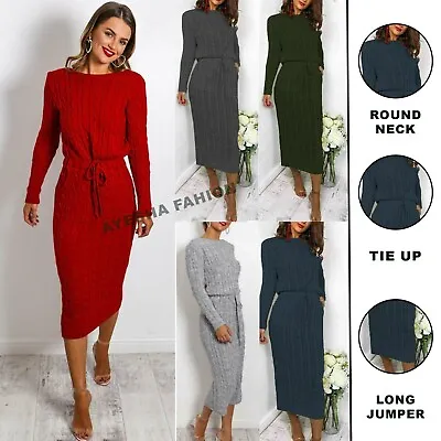 Women’s Cable Knitted Jumper Dress Ladies Pocket Tie Up Long Midi Dresses Top • £17.89