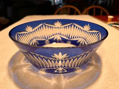 Vintage Polish Poland Cobalt Blue Clear Cut Crystal Glass Bowl 9.5” X 3.5” • $149.99