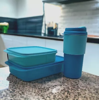 Tupperware Lunch It Divided Containers With Lids And Travel Mug Set Teal • $42.99