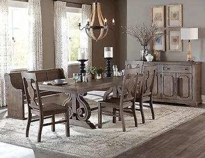 European Style Brown Oak 6pcs Dining Room Furniture Table Bench Chairs Set IC59 • $1722.89