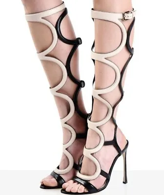 39/9❤️ROSSI Black Ivory Tan Leather Knee High Heel Gladiator Sandals Boots ITALY • $313.50