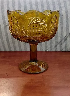 Kemple Starburst Amber Pressed Glass Pedestal Bowl • $30.40