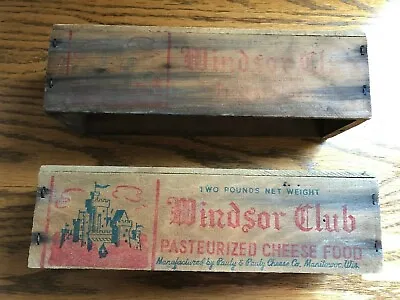 Two Vintage Advertising CHEESE Wood Crate Boxes WINDSOR Club Manitowoc Wisconsin • $23.99